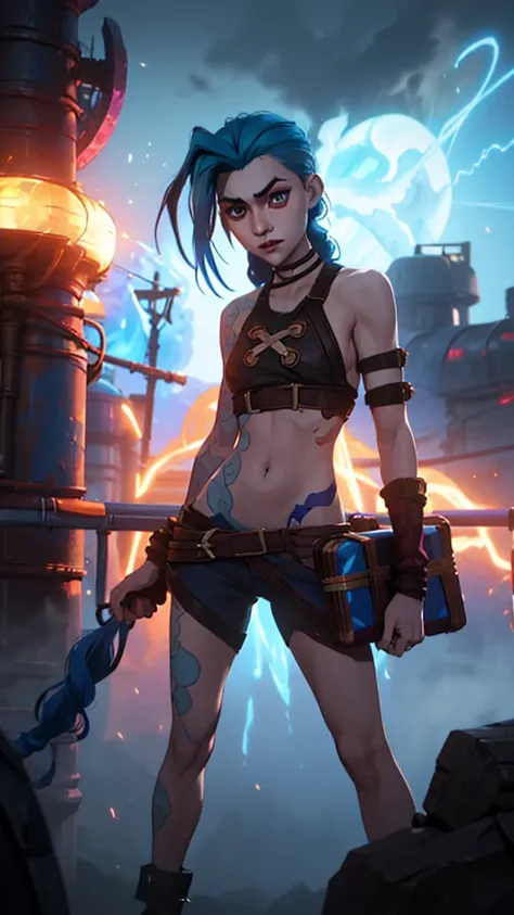 height: Approximately 1,65 meters. complexion: Slim and athletic. by: pale,  with some scars and marks . hair: Bright blue and short, with loose strands and braids. eyes: light blue,  often with a manic glow. attire:  Jinx often wears worn, ragged .,  clot...