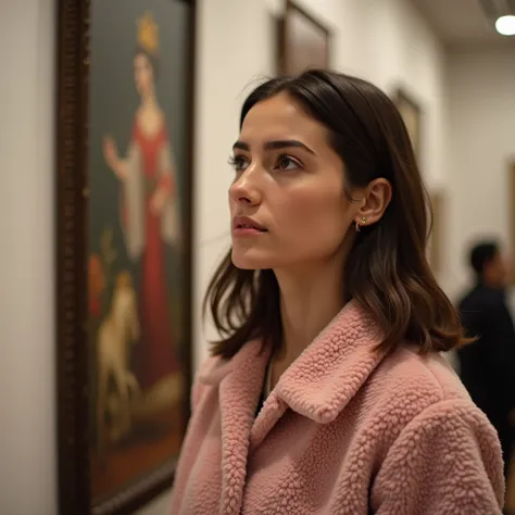 A candid medium shot of a young Turkish woman ((with almond-shaped brown eyes)) ((soft arched eyebrows)) ((full lips without lipstick)), admiring a painting in an art gallery. She is wearing a pink plush jacket, and the Nikon 7500 captures her from a dista...