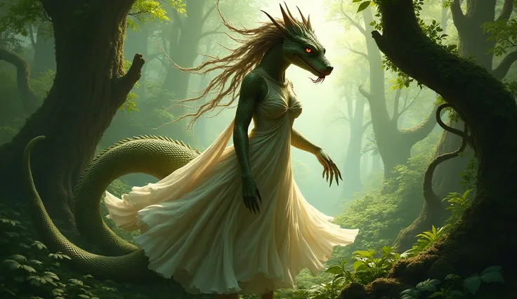 Créez limage de la fusion dune femme et dun serpent. Lhybride a le corps dune femme avec des traits de serpent dans une robe dans la forêt 