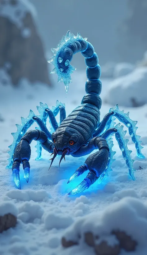 Create a realistic, full-body image of a grotesque and terrifying hybrid creature, merging the scorpion from the first prompt with the glowing Arctic shard from the second prompt. The scorpion’s body should be dramatically mutated, with segments of its exo...