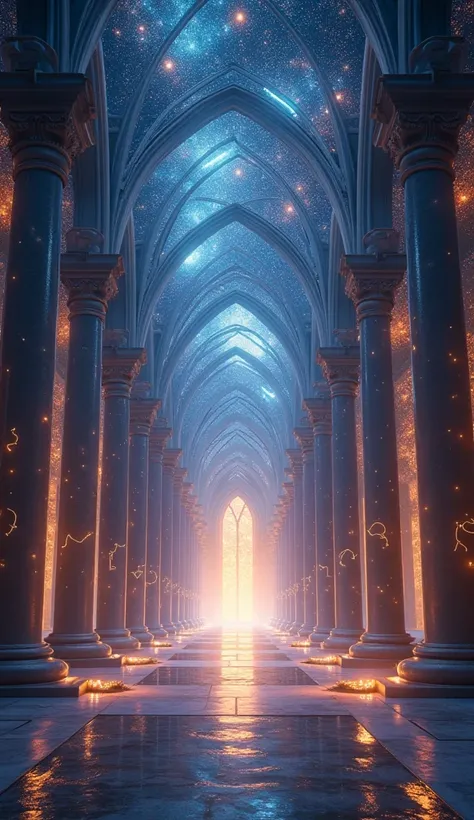 A cosmic cathedral made of stars and light, with zodiac symbols glowing vibrantly on celestial pillars. The entire space feels sacred, with beams of light connecting the constellations, while soft, ethereal energy flows gently through the scene.