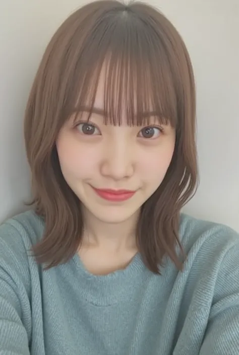  top quality、8,masterpiece、、 super high resolution 、( Photorealistic :1.4)、Original photo、 1 girl、  shiny chestnut hair  ,  medium hair, bangs,( Clean brown eyes )、smile、  sparkling eyes  , (fine grain)、  highly detailed faces,  very detailed eyes ,  cowbo...
