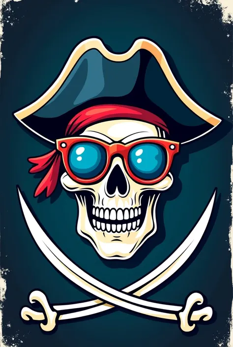 Create an image containing round blue glasses in a One Piece style pirate flag template. the flag cannot be too big