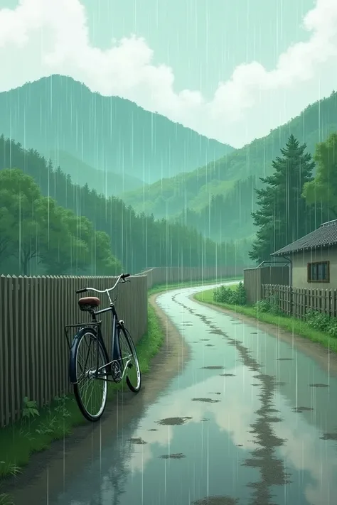 An anime-style countryside road, rain gently falling, with a bicycle leaning against a wooden fence and puddles forming along the path