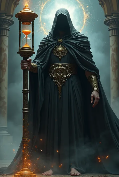 generate an image where a black cloaked Greek god has a large magical hourglass behind him that he controls