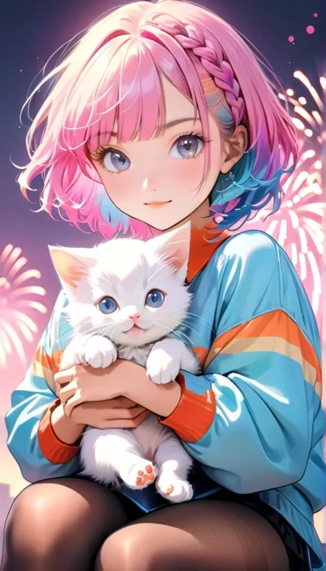  the prettiest girl in the world、( best quality:1.2,  Very detailed, Latest,  vibrant ,  High Contrast , masterpiece:1.2,  best quality,  best aesthetics),  girl, (( Poses holding a cute kitten :1.4)),  colorful hair,Short bob ponytail with braids ,  paste...