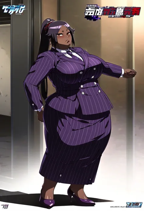  Full body Yoruichi as a very fat Black business woman in a double breasted pinstripe purple  skirt suit while wearing a tie with a purple pinstripe skirt and with purple wearing purple heels full art anime 