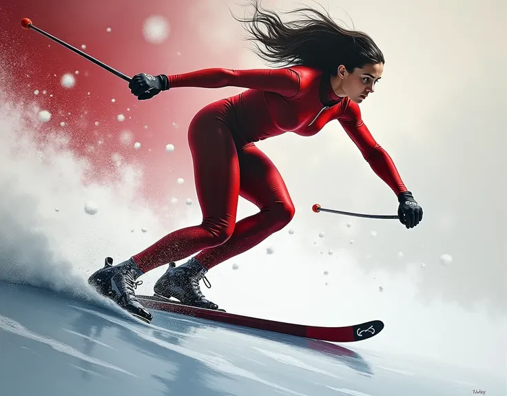 masterpiece,two-color style,only use two-color abstract painting in (dark red) and (dark gray), emphasizes tension and dynamic energetic movement of ski sprinter,anatomically correct, a woman, ski sprinter, 風でたなびく髪の毛,she is wearing racing suits (neutral co...