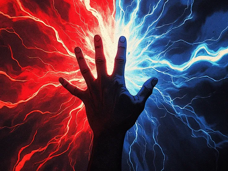 half of the image red and the other half blue, in the middle of the image a hand that symbolizes peoples control, image with aggressive lights