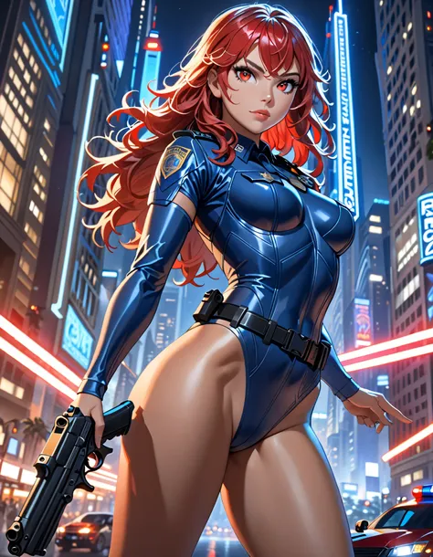 best quality, masterpiece, highres, solo, solo focus, 1lady, semi-realistic, dynamic heroic pose, standing straight, red hair, hazel eyes, beautiful detailed eyes, beautiful detailed face, perfect hands, complete fingers, sexy Los Angeles police officer, s...