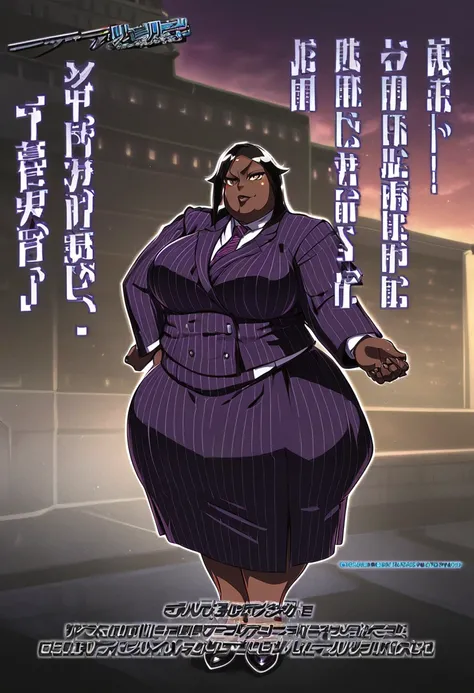  Full body Yoruichi as a very fat Black business woman in a double breasted pinstripe purple  skirt suit while wearing a tie with a purple pinstripe skirt and with purple wearing purple heels full art anime 