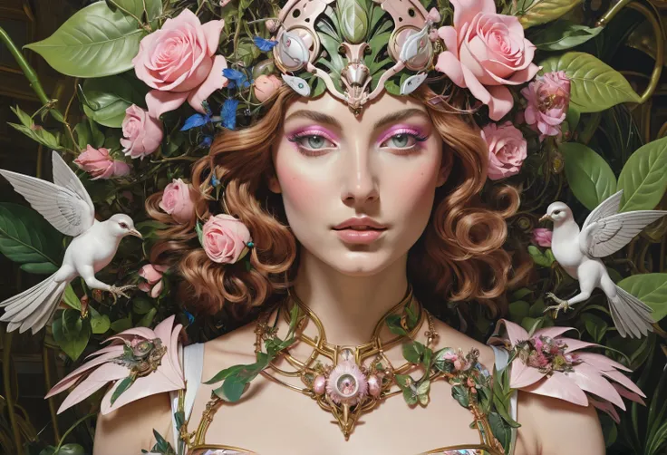 In the cyber Renaissance style, ((a painting of Botticelli)), cyborgs are the three graces, 3girls (clones, navel cutout, clothing cutout, hair flower ornament, necklace, translucid eyes, medium breasts, wavy hair, leaf, realistic,  looking at viewer, lips...