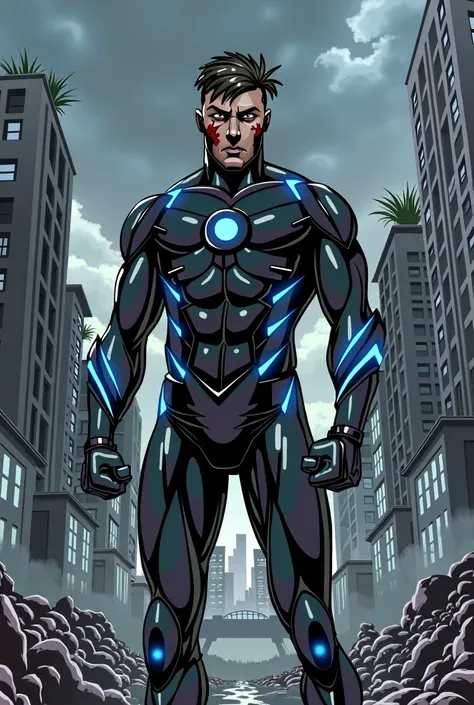 Create an image of Aegis Dei, a superhero in a sleek, black, high-tech suit with glowing blue accents. His suit is damaged, with scorch marks and dents from a recent battle. His helmet is cracked, revealing a tired, determined face with sweat and blood. He...