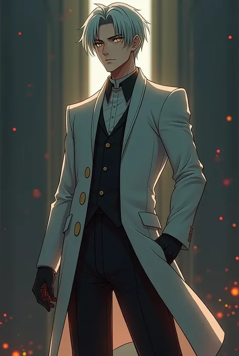 Man with short white hair and golden eyes wearing a white outfit anime version