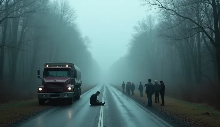 "A peaceful morning scene with the truck parked at the roadside, surrounded by authorities and onlookers. The driver sits on the ground, pale and shaking, as people whisper and point toward the woods. The fog has lifted, revealing the haunted stretch of ro...