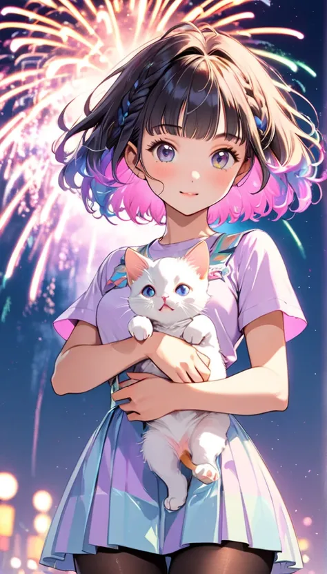  the prettiest girl in the world、( best quality:1.2,  Very detailed, Latest,  vibrant ,  High 犬 , masterpiece:1.2,  best quality,  best aesthetics),  girl, (( Poses holding a cute kitten :1.4)),  colorful hair,Short bob ponytail with braids ,  pastel color...