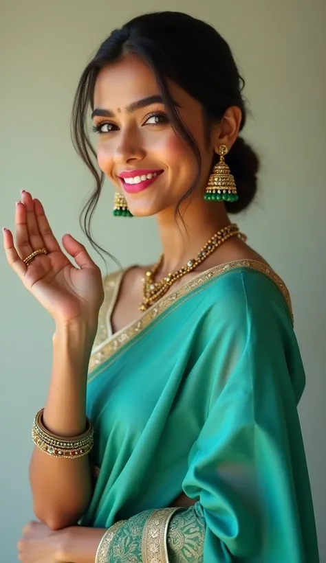 Create a portrait of a smiling young woman with a warm, fair skin tone, dressed in a vibrant turquoise saree. Her hair is neatly tied back, and she is wearing green jhumka earrings and a mangalsutra necklace. She has a confident and cheerful expression, wi...