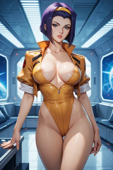 Cowboy Bebop, Faye Valentine, sexy, big breasts, inside spaceship background, high detail, masterpiece.