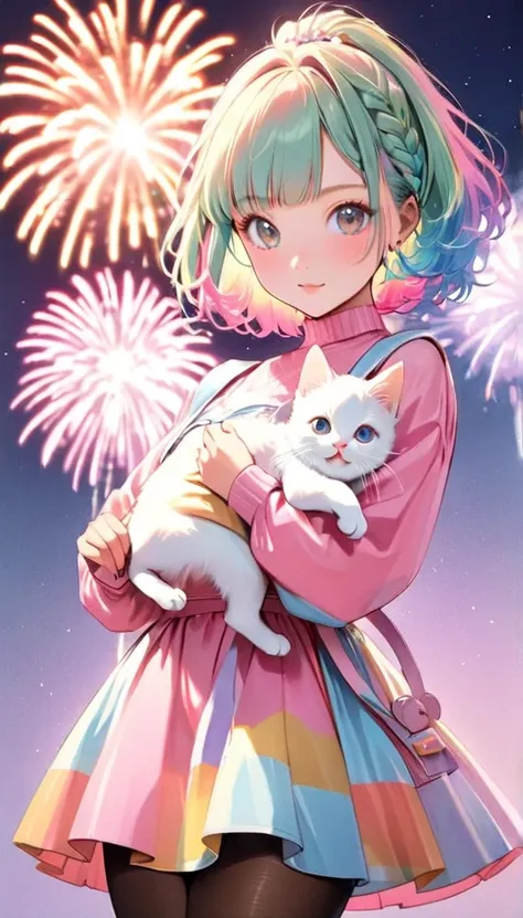  the prettiest girl in the world、( best quality:1.2,  Very detailed, Latest,  vibrant ,  High犬  , masterpiece:1.2,  best quality,  best aesthetics),  girl, (( Poses holding a cute kitten :1.4)),  colorful hair,Short bob ponytail with braids ,  pastel color...