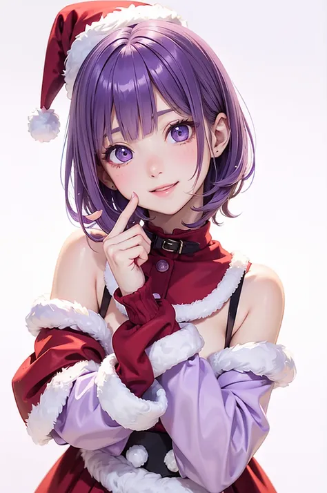  Best Quality , high definition ,8k, (a pure white background), (no details), (no scenery), (completely blank background),( Masterpiece:1.2), pretty girl,( glossy purple hair:1.3),(short hair),bob cut,Beautiful purple eyes,santa costume,santa coat, santa h...