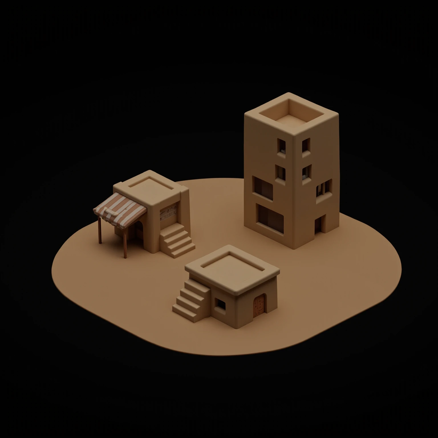 A highly simplified 3D model of three desert-style buildings in an extremely low-poly PlayStation One graphics style. The buildings are made of flat beige rectangular shapes with minimal detail and sharp edges. The first building features a striped awning ...