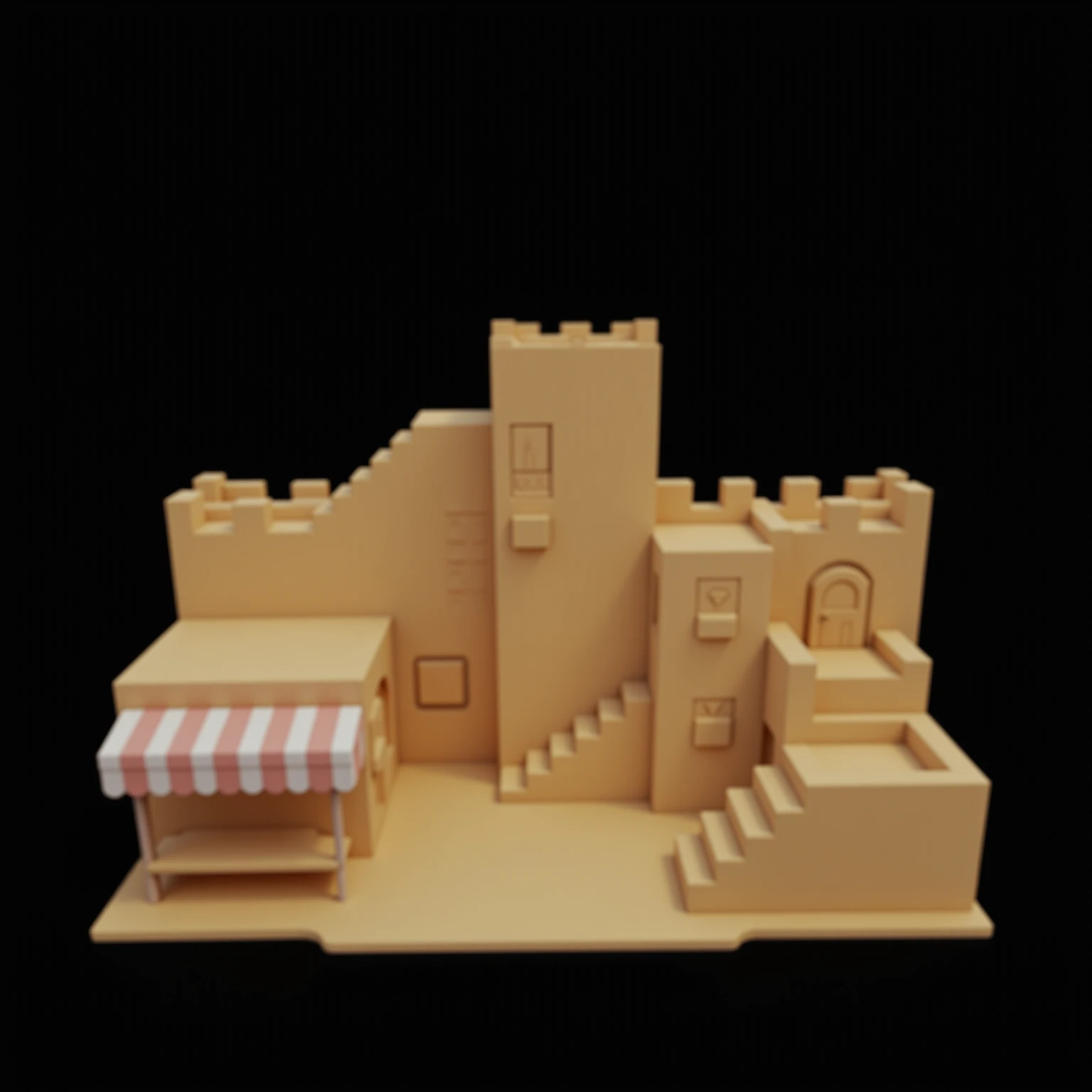 A highly simplified 3D model of three desert-style buildings in an extremely low-poly PlayStation One graphics style. The buildings are made of flat beige rectangular shapes with minimal detail and sharp edges. The first building features a striped awning ...