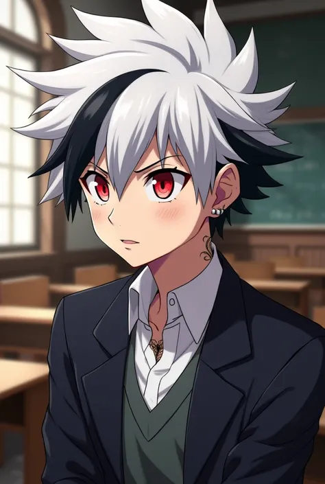  Screenshot of my hero Academia 
Boy with pointed white hair with 
black highlights on the tips and bangs have crimson red eyes, He has white and soft skin ,small black earrings a tattoo on the neck of cobra ,   has a serious expression  ,and serene  .He i...