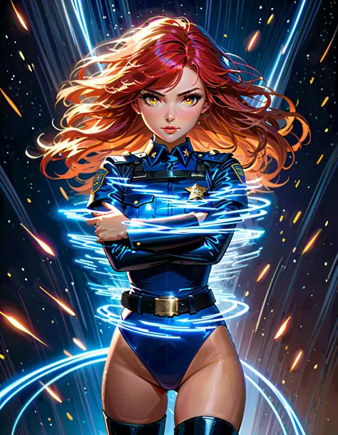 best quality, masterpiece, highres, solo, solo focus, 1lady, semi-realistic, standing straight, red hair, hazel eyes, beautiful detailed eyes, beautiful detailed face, perfect hands, complete fingers, sexy Los Angeles police officer, superhero, (blue leota...