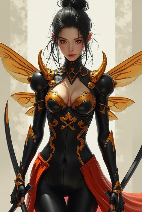 “Create a full-body design of a hybrid hornet woman with Japanese facial features: delicate and striking almond-shaped eyes, a refined nose, and soft yet expressive lips, embodying traditional Japanese beauty. Her humanoid form blends seamlessly with horne...