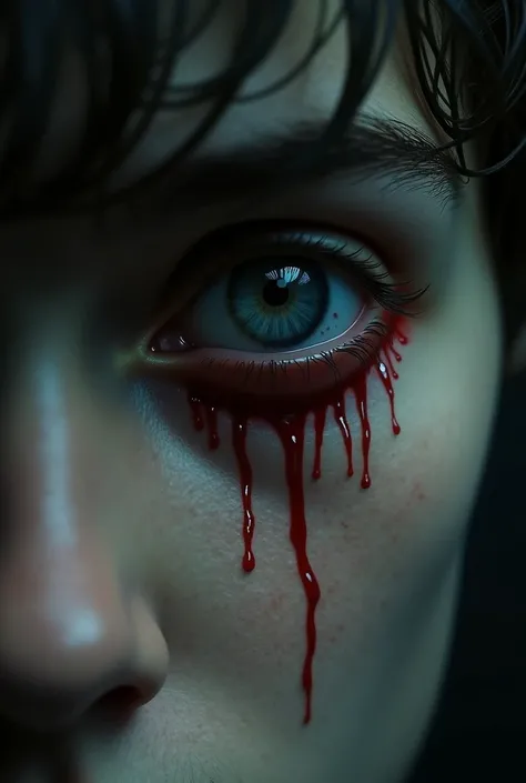 Draw a young mans eye with sad, cold eyes with blood flowing through his eyes