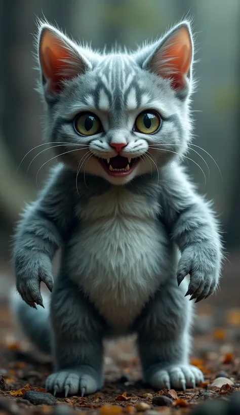 Create an ultrarealistic image of a hybrid monster that is both frightening and adorable. The monster should have a muscular body of a baby covered in fluffy gray striped cat fur. It should possess the soft, chubby cheeks and big eyes of a baby, but also h...