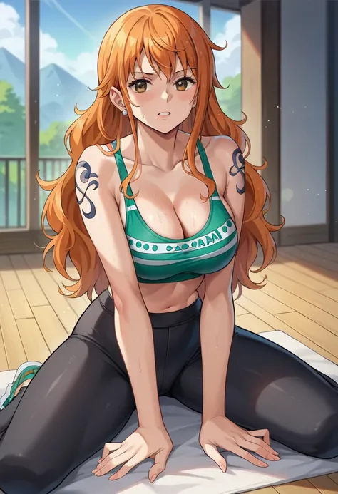 score_9, score_8_up, score_7_up, score_6_up, score_5_up, score_4_up, BREAK source_anime, nami_post, orange hair, long hair, wavy hair, side locks, brown eyes, large breasts, shoulder tattoo, black yoga pants, white sport bra, WHITE SPORT BRA, BLACK YOGA PA...