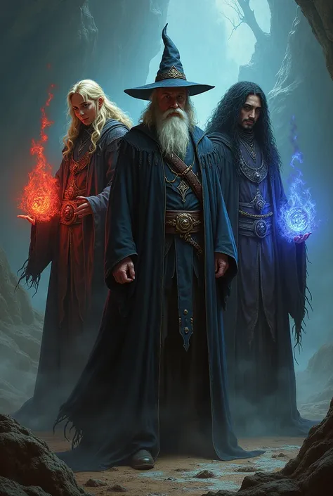 A dark fantasy themed picture with 4 wizard, one of them is blonde, an another one is wearing a cap, the third one has eyeglasses and black hair, and the last one is tall and has curly hair