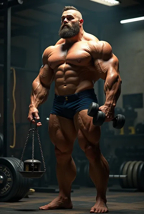 create the image of a bodybuilder holding a small pound scale in one hand and a dumbbell in the other