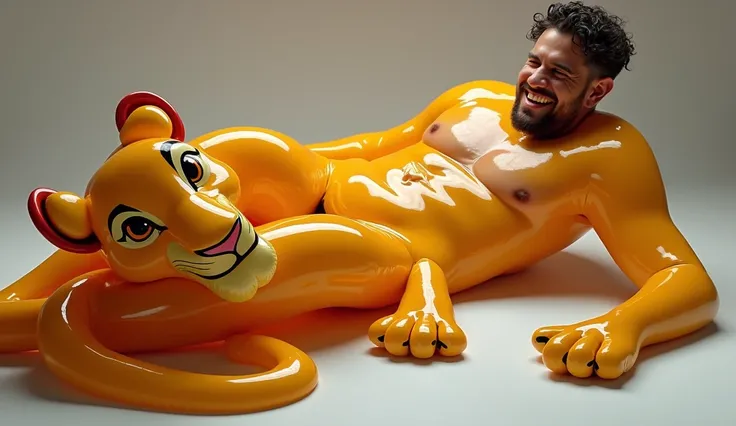 full body image, man laying down hugging getting encased by a shiny living stretchy latex inflatable simba blob costume made of latex slime skin stretching around wrapping his body in simba slime, latex slime skin tight around his crotch extremely tight vi...