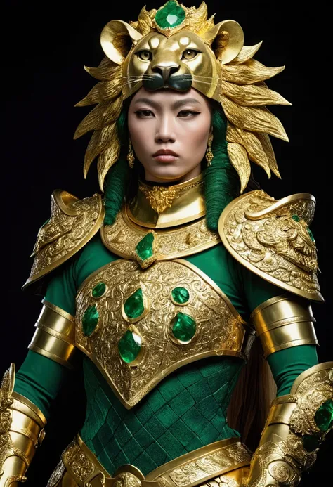  Two-meter-tall woman , with lips painted white ,  covered in gold armor with emerald green touches .  She wears a lions skin on her shoulders with her mane around the helmet .  She has six arms and holds six swords with them . Its skin is dark green  