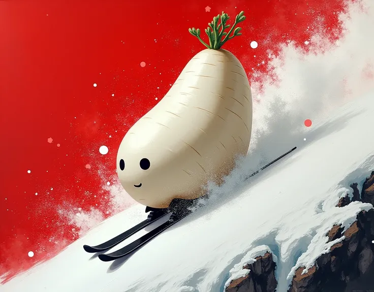 masterpiece,two-color style,only use two-color abstract painting in (dark red) and (black), emphasizes tension and dynamic energetic movement of ski sprinter, (a big Cute Japanese white radish character) ,shimmering the radish surface,downhill skiing, the ...