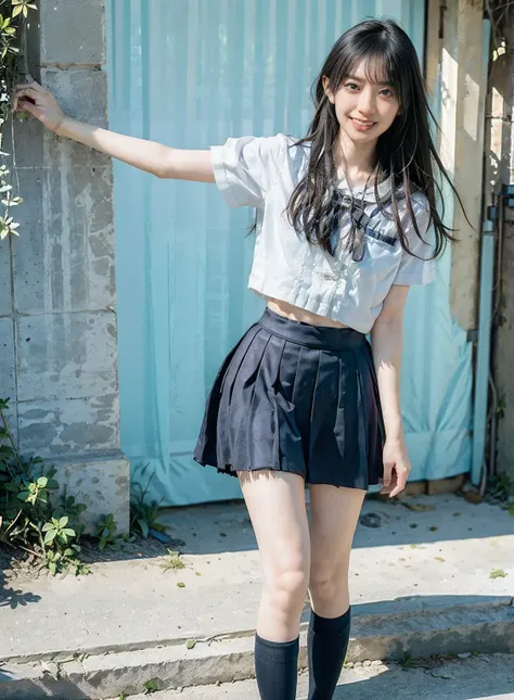 arafed asian woman in a skirt and a white shirt posing for a picture, japanese school uniform, japanese girl school uniform, wearing japanese school uniform, young gravure idol, realistic young gravure idol, young pretty gravure idol, Seifuku, cute schoolg...