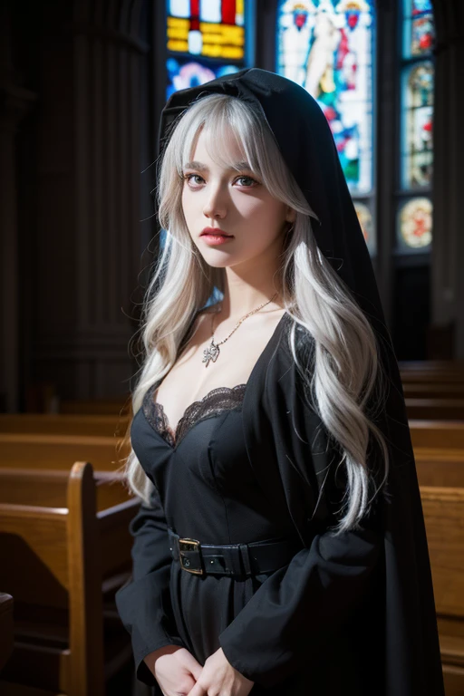 gothic style, (((medium full shot))), (best quality, ultra-detailed:1.3), (nice hands, perfect hands), official art, cinematic light, (1girl:1.3), adulthot girl, solo, long hair, breasts, smile, bangs, large breasts, long sleeves, dress, jewelry, closed mo...