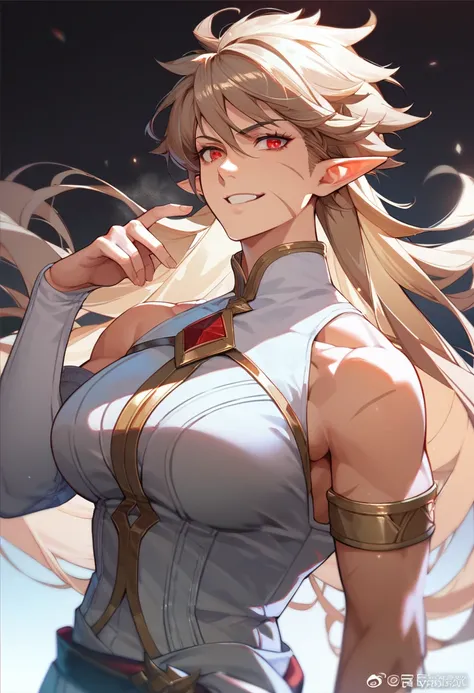 1girl, beautiful, tomboy, badass, teenage, light brown hair, messy hair, long hair, bangs cover face, red eyes, elf ears, white skin, muscular body, scar on her body, big breasts, white outfit, little smile, elegant pose