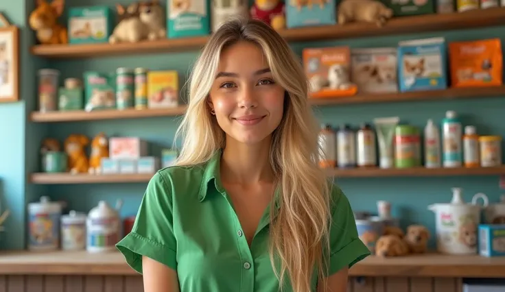  A young, beautiful blonde woman, 21 years old, wearing a green blouse, behind a pet store counter.
