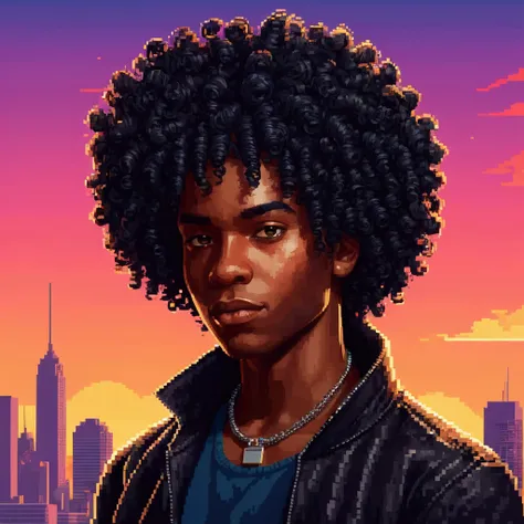 Create a pixelart of a black character with curly BlackPower hair, perito criminal.