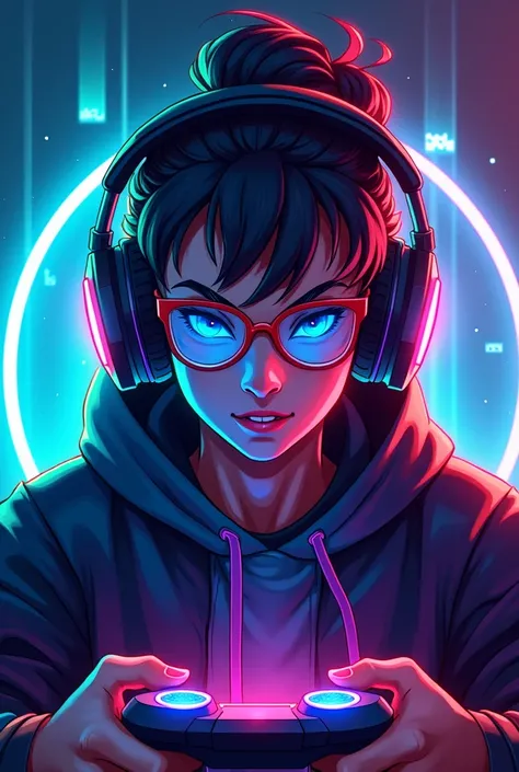 Create a vibrant and captivating profile picture for a gaming YouTube channel. The design should feature a futuristic gaming avatar with an intense and focused expression, symbolizing the competitive nature of gaming. The avatar should wear a sleek gaming ...