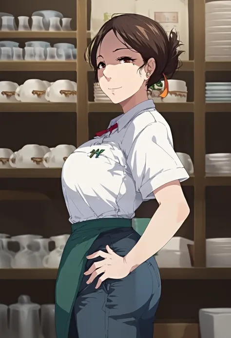 mm, mature female, 1girl,solo, brown hair, brown eyes, mole under eye, breasts, white shirt, blue jeans, cowboy shot, hands on own hips, looking at viewer, indoors, smile, green apron, short sleeves