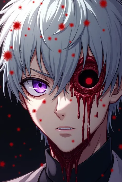 Create an anime face with scattered white hair purple eyes ,  male face smeared with blood and the left eye is missing bleach and jujutsu Kaisen style zoomed closer to the face. Blood draws from the head white strands are red because of the blood and where...