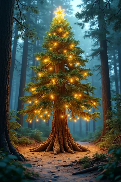 I want a Christmas card with a lapacho tree decorated with lights and with a forest engineering theme 
