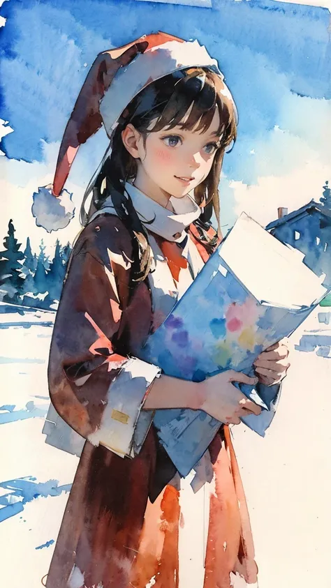 Santa Girl, snow, chimney, 
(Rough sketch, watercolor:1.3), 