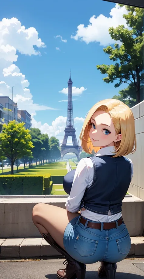  android 18, ライト blonde aloneの髪,  medium hair shaggy cut for women ,  blue transparent eyes of a Slavic Caucasian ,   Sexy double eyelids above and below the eyes  ,  has amazing eyeballs ,  she doesnt wear jewelry like a necklace around her neck , The ope...