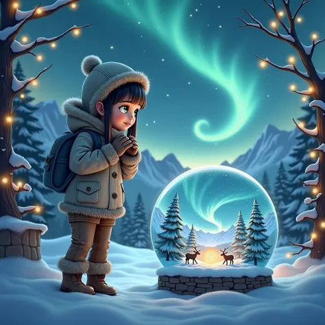  Close-up of a crystal ball with a visible cat Snow , Northern Lights and snowy mountains , Reindeer Christmas Trees  , New Year&#39; garlands ,   Very beautiful The girl looks at her hands and looks into the crystal ball  ,   A girl wearing a hat with a h...