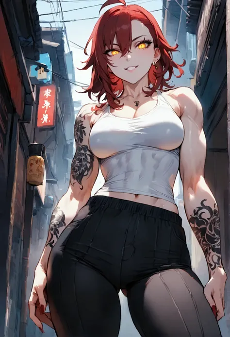 Masterpiece, best quality, 1girl, solo, 23 years old, adult, teal and dark red hair, messy pony tail hair, asymmetrical hair, ahoge, medium hair, glowing gold eyes, medium breasts, toned, 167cm, pale skin, grin, white tank top, midriff peek, medium grey tr...